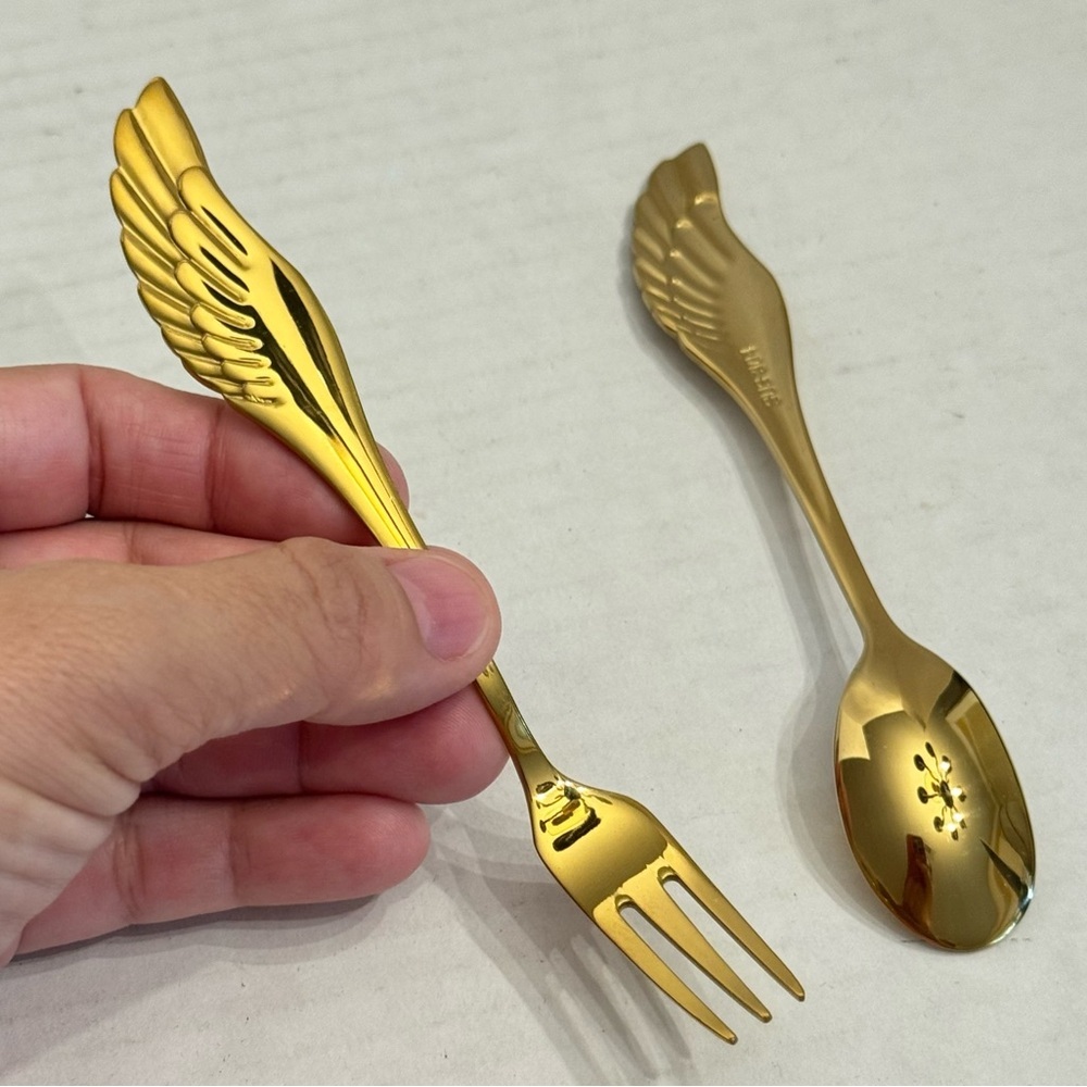Spoon and Fork Kids Gift Sets With Angel Wings Stainless Steel Gold Tone NIB